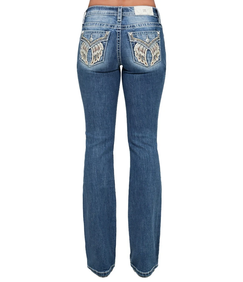 Miss Me Embellished Wing Flap Pocket Mid Rise Bootcut Jeans