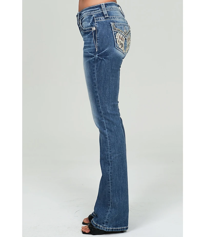 Miss Me Embellished Wing Flap Pocket Mid Rise Bootcut Jeans