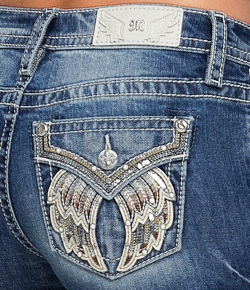 Miss Me Embellished Wing Flap Pocket Mid Rise Bootcut Jeans