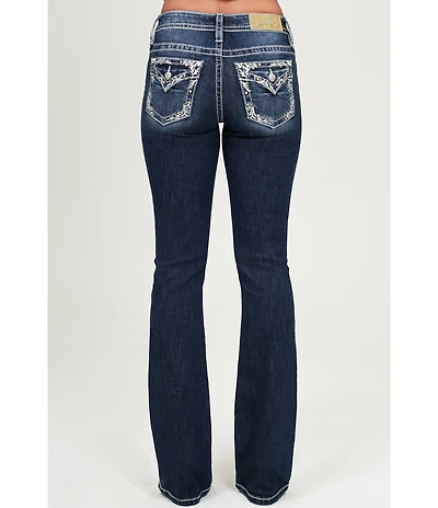 Miss Me Embroidered Leaf Pocketed Mid Rise Bootcut Jeans