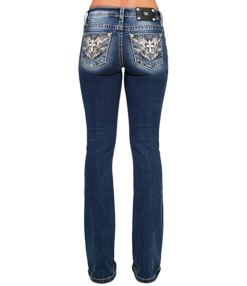 Miss Me Flame/Cross Embroidered Pocketed Mid Rise Bootcut Jeans
