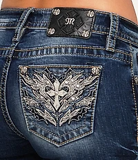Miss Me Flame/Cross Embroidered Pocketed Mid Rise Bootcut Jeans