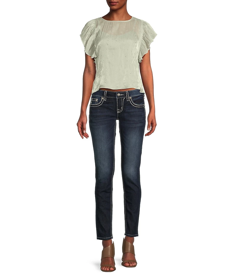 Miss Me Saddle Border Stitch Flap Pocket Low Rise Skinny Jeans