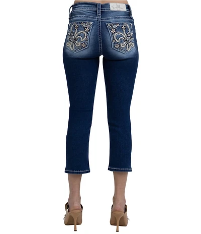 Miss Me Mid Rise Embellished Flower/Fleur-De-Lis Pocket Capri Jeans