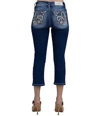 Miss Me Mid Rise Embellished Flower/Fleur-De-Lis Pocket Capri Jeans