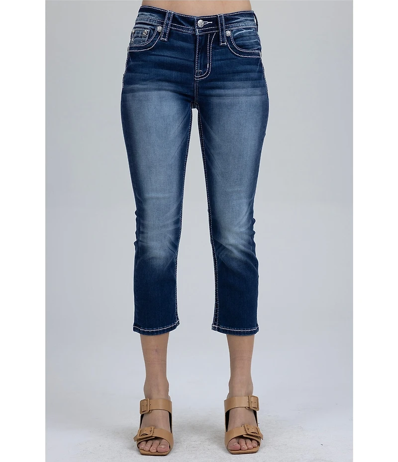 Miss Me Mid Rise Embellished Flower/Fleur-De-Lis Pocket Capri Jeans