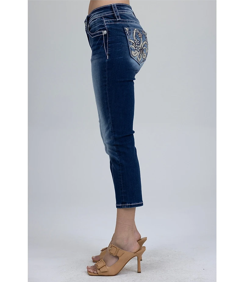 Miss Me Mid Rise Embellished Flower/Fleur-De-Lis Pocket Capri Jeans