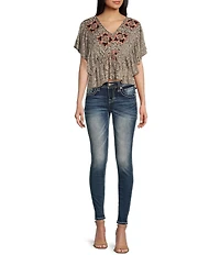 Miss Me Mid Rise Turquoise Stud Fleur-De-Lis Skinny Jeans