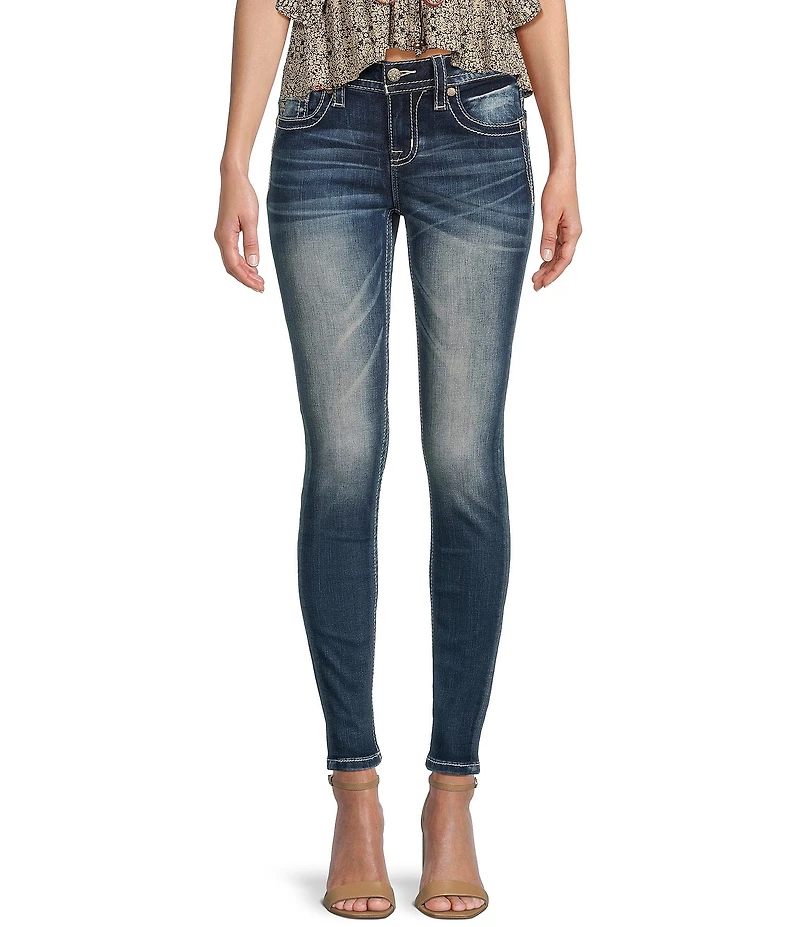 Miss Me Mid Rise Turquoise Stud Fleur-De-Lis Skinny Jeans