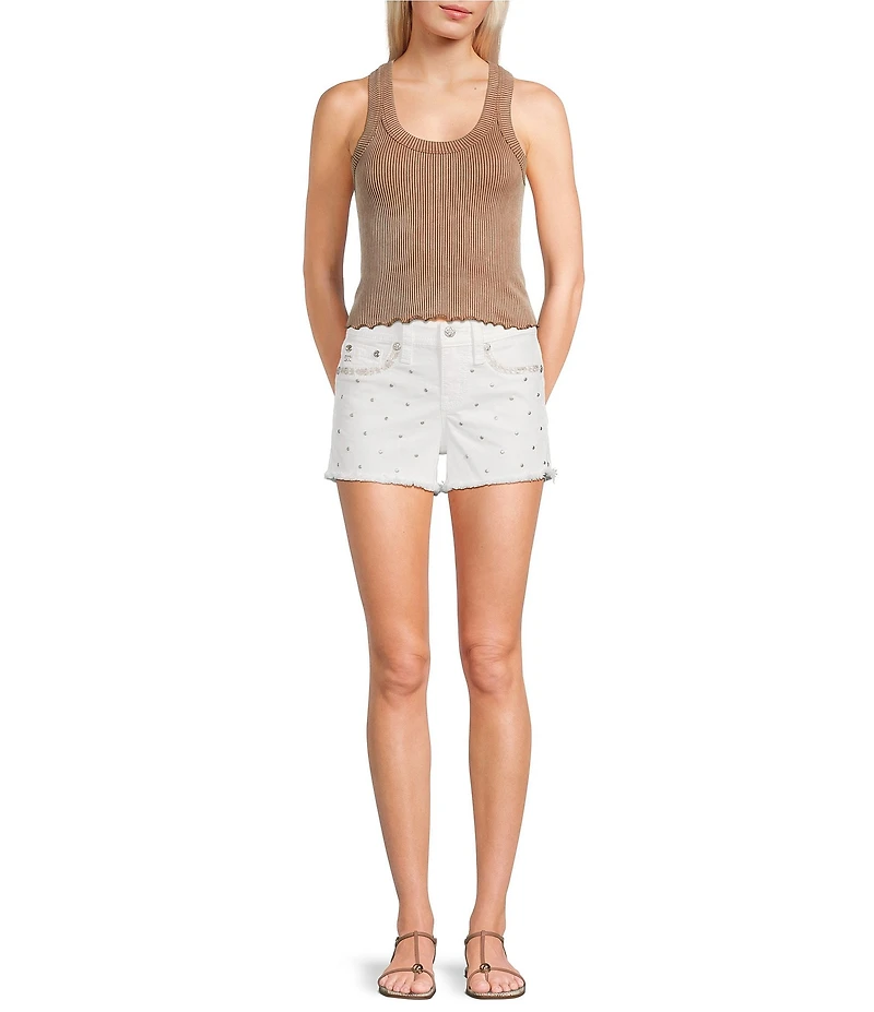 Miss Me Mid Rise White Studded Front Rigid Hem 3.5#double; Inseam Shorts