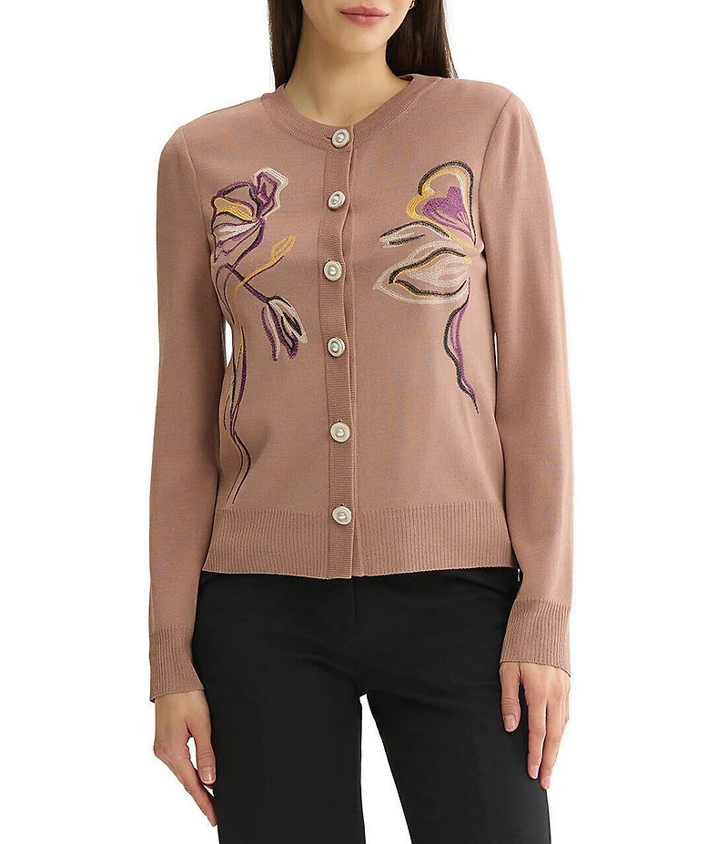 MISSOK Wrinkle-Resistant Embroidered Knit Ribbed Neck Long Sleeve Button-Front Cardigan