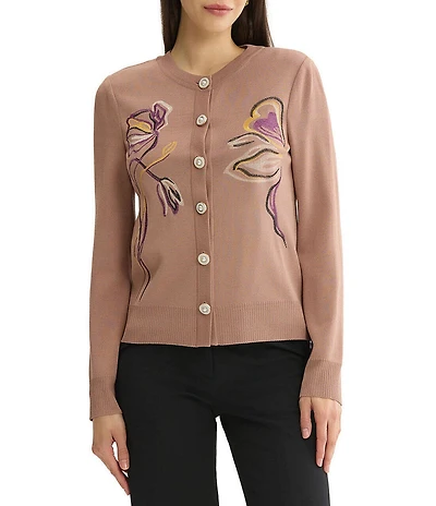 MISSOK Wrinkle-Resistant Embroidered Knit Ribbed Neck Long Sleeve Button-Front Cardigan