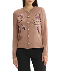MISSOK Wrinkle-Resistant Embroidered Knit Ribbed Neck Long Sleeve Button-Front Cardigan