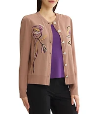 MISSOK Wrinkle-Resistant Embroidered Knit Ribbed Neck Long Sleeve Button-Front Cardigan