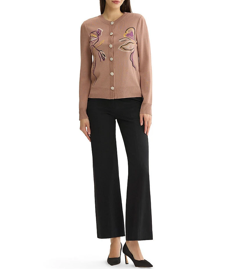 MISSOK Wrinkle-Resistant Embroidered Knit Ribbed Neck Long Sleeve Button-Front Cardigan