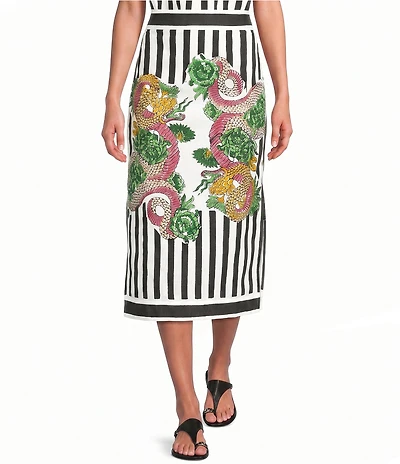 Mo Maya Black Strip Dragon Print High Rise Pencil Midi Skirt