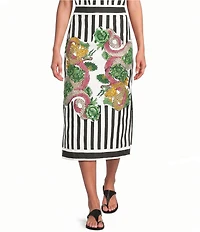 Mo Maya Black Strip Dragon Print High Rise Pencil Midi Skirt