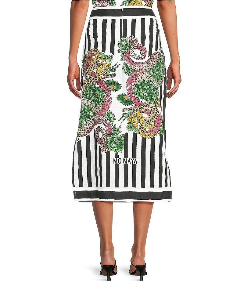 Mo Maya Black Strip Dragon Print High Rise Pencil Midi Skirt
