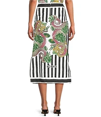 Mo Maya Black Strip Dragon Print High Rise Pencil Midi Skirt