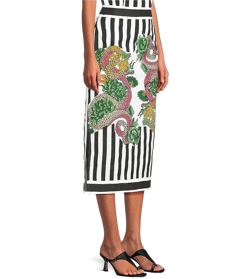 Mo Maya Black Strip Dragon Print High Rise Pencil Midi Skirt