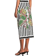 Mo Maya Black Strip Dragon Print High Rise Pencil Midi Skirt