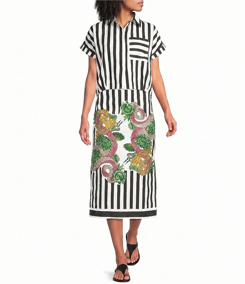 Mo Maya Black Strip Dragon Print High Rise Pencil Midi Skirt