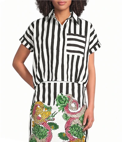 Mo Maya Black Stripe Dragon Print Camp Collar Short Sleeve Button Front Top