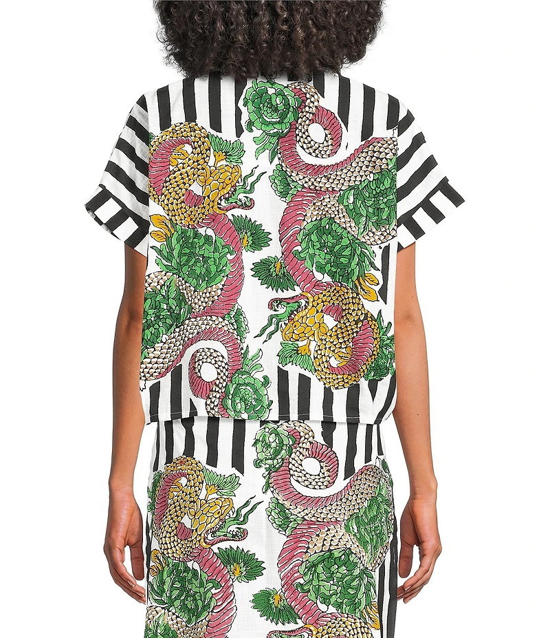 Mo Maya Black Stripe Dragon Print Camp Collar Short Sleeve Button Front Top