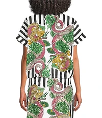 Mo Maya Black Stripe Dragon Print Camp Collar Short Sleeve Button Front Top