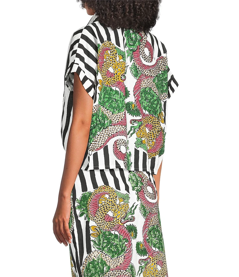 Mo Maya Black Stripe Dragon Print Camp Collar Short Sleeve Button Front Top