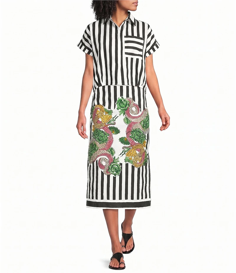 Mo Maya Black Stripe Dragon Print Camp Collar Short Sleeve Button Front Top