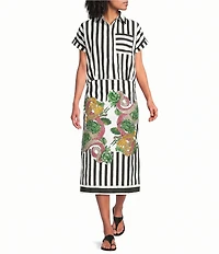 Mo Maya Black Stripe Dragon Print Camp Collar Short Sleeve Button Front Top