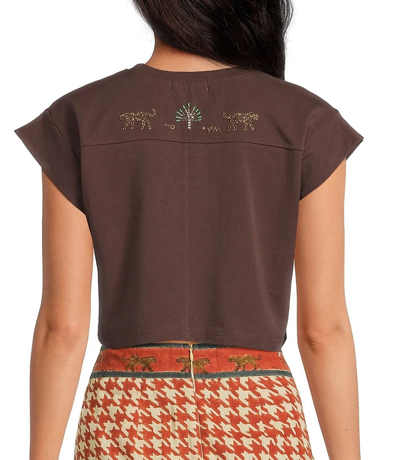 Mo Maya Cropped Embroidered Short Sleeve Crew Neck Tee