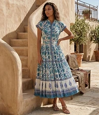 Mo Maya Emma A Line V Neck Short Sleeve Flare Midi Dress