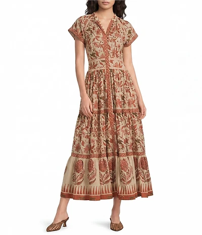 Mo Maya Karina Plaid V-Neck Short Sleeve Button Front Midi Dress