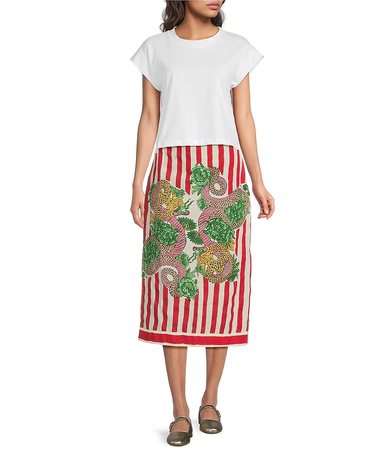 Mo Maya Knit Dragon Motif Short Sleeve Crop Box Tee