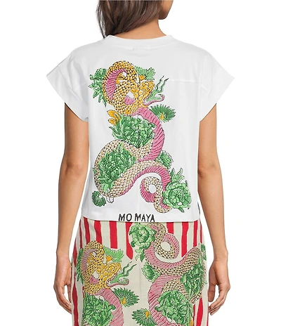 Mo Maya Knit Dragon Motif Short Sleeve Crop Box Tee