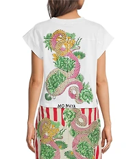 Mo Maya Knit Dragon Motif Short Sleeve Crop Box Tee