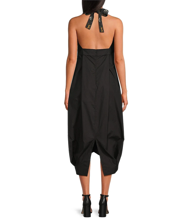 Mo Maya Leo Palm Halter Split V-Neck Midi Dress