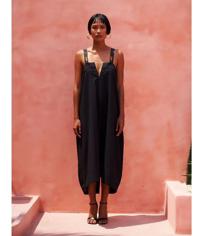Mo Maya Leo Palm Halter Split V-Neck Midi Dress