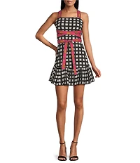 Mo Maya Luna Check and Leopard Print Strap Square Neckline Sleeveless Mini Dress
