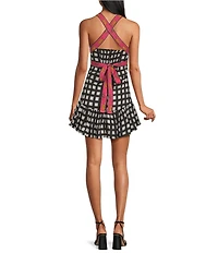 Mo Maya Luna Check and Leopard Print Strap Square Neckline Sleeveless Mini Dress