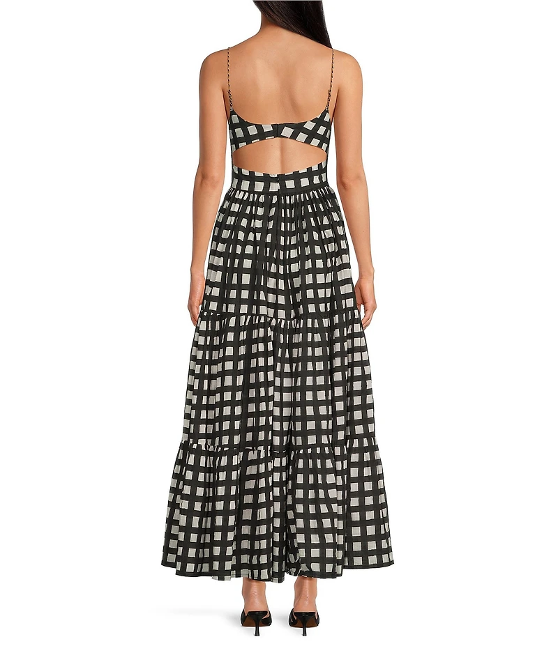 Mo Maya Luna Gingham Check V Neckline Cut-Out Sleeveless Maxi Dress