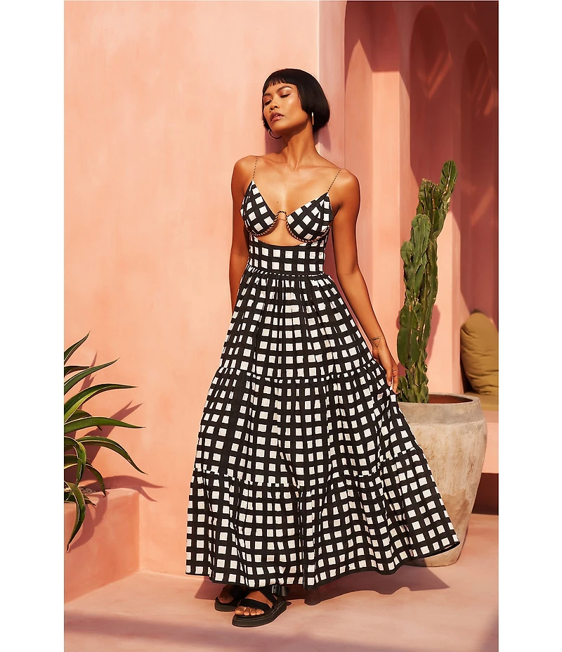 Mo Maya Luna Gingham Check V Neckline Cut-Out Sleeveless Maxi Dress
