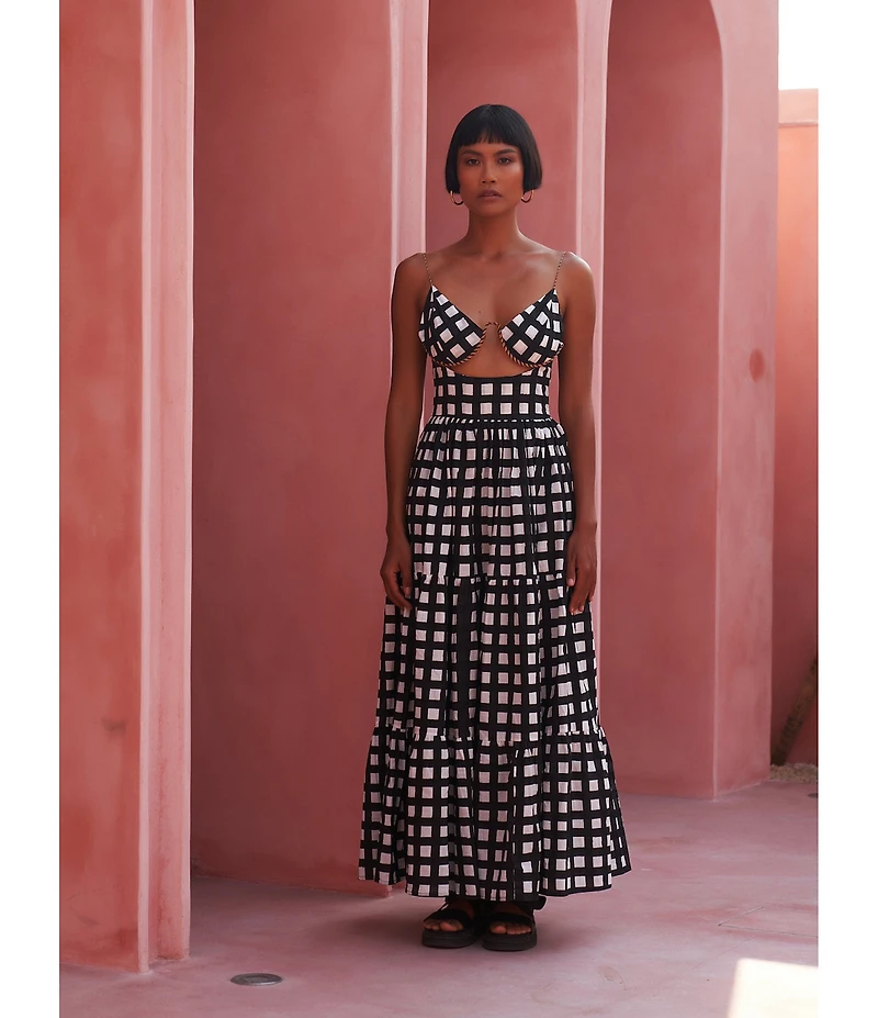 Mo Maya Luna Gingham Check V Neckline Cut-Out Sleeveless Maxi Dress