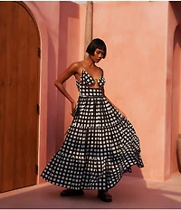 Mo Maya Luna Gingham Check V Neckline Cut-Out Sleeveless Maxi Dress