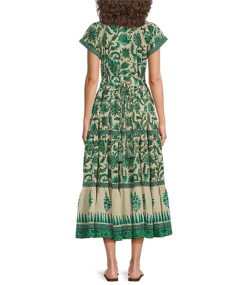 Mo Maya Mojo Printed V-Neck Short Sleeve Flare Midi Dress