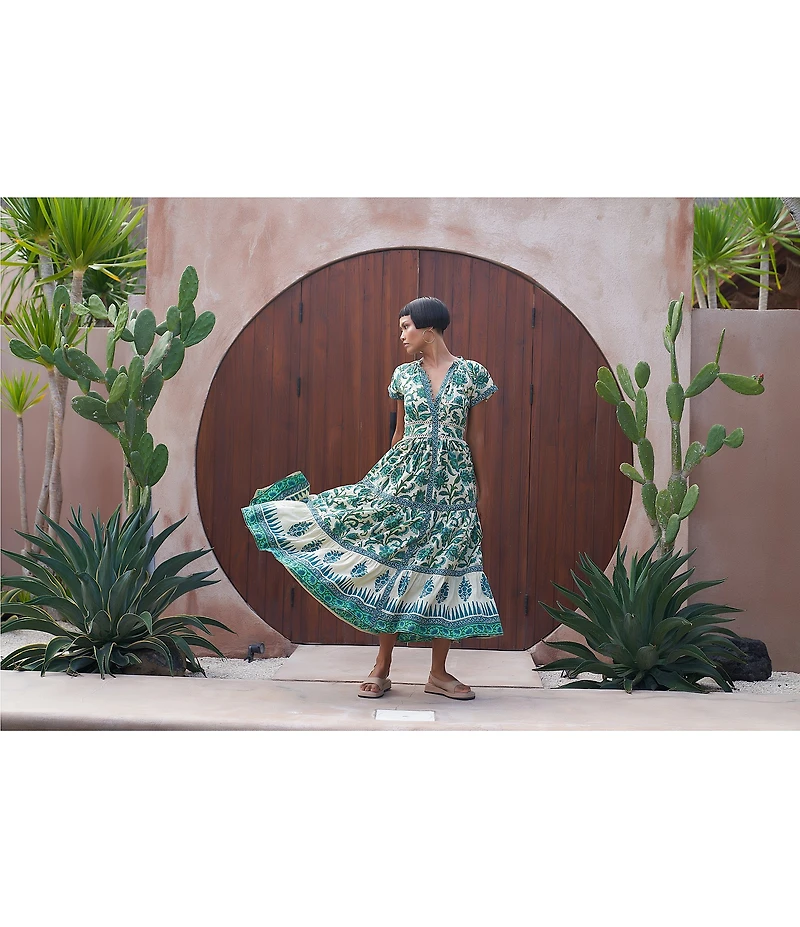 Mo Maya Mojo Printed V-Neck Short Sleeve Flare Midi Dress