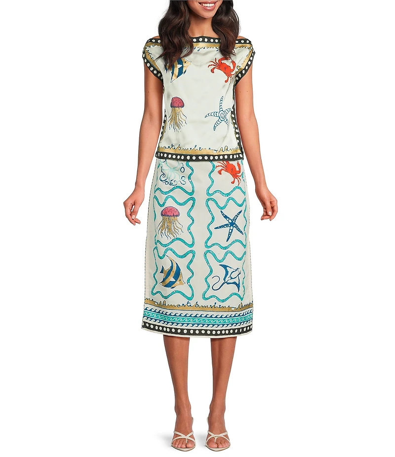 Mo Maya Namaste Sunshine Coordinating Linen Blend Hand Printed Midi Skirt