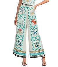 Mo Maya Namaste Sunshine Coordinating Linen Blend Hand Printed Wide Leg Pants